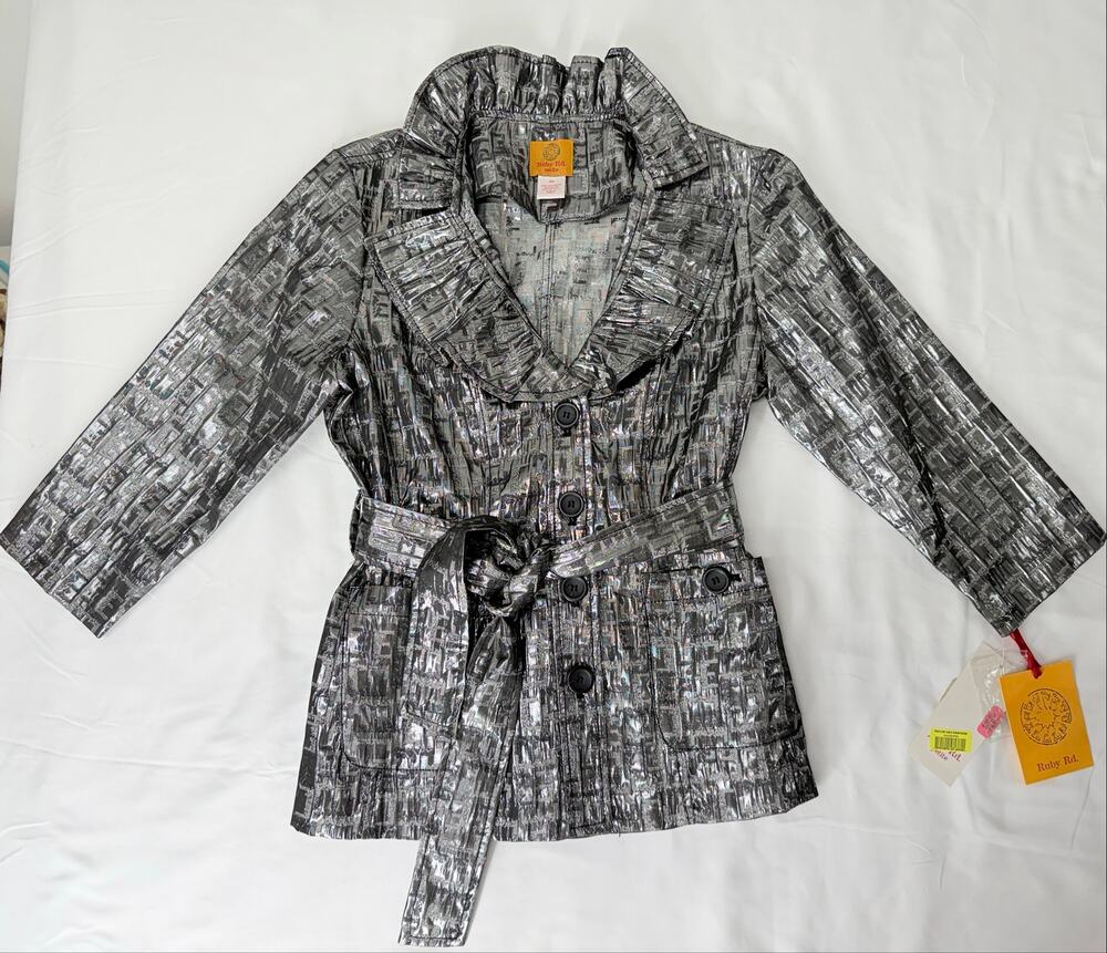 Ruby Rd Petite 4P Metallic Jacquard Belted Jacket Blazer Silver Gray NWT